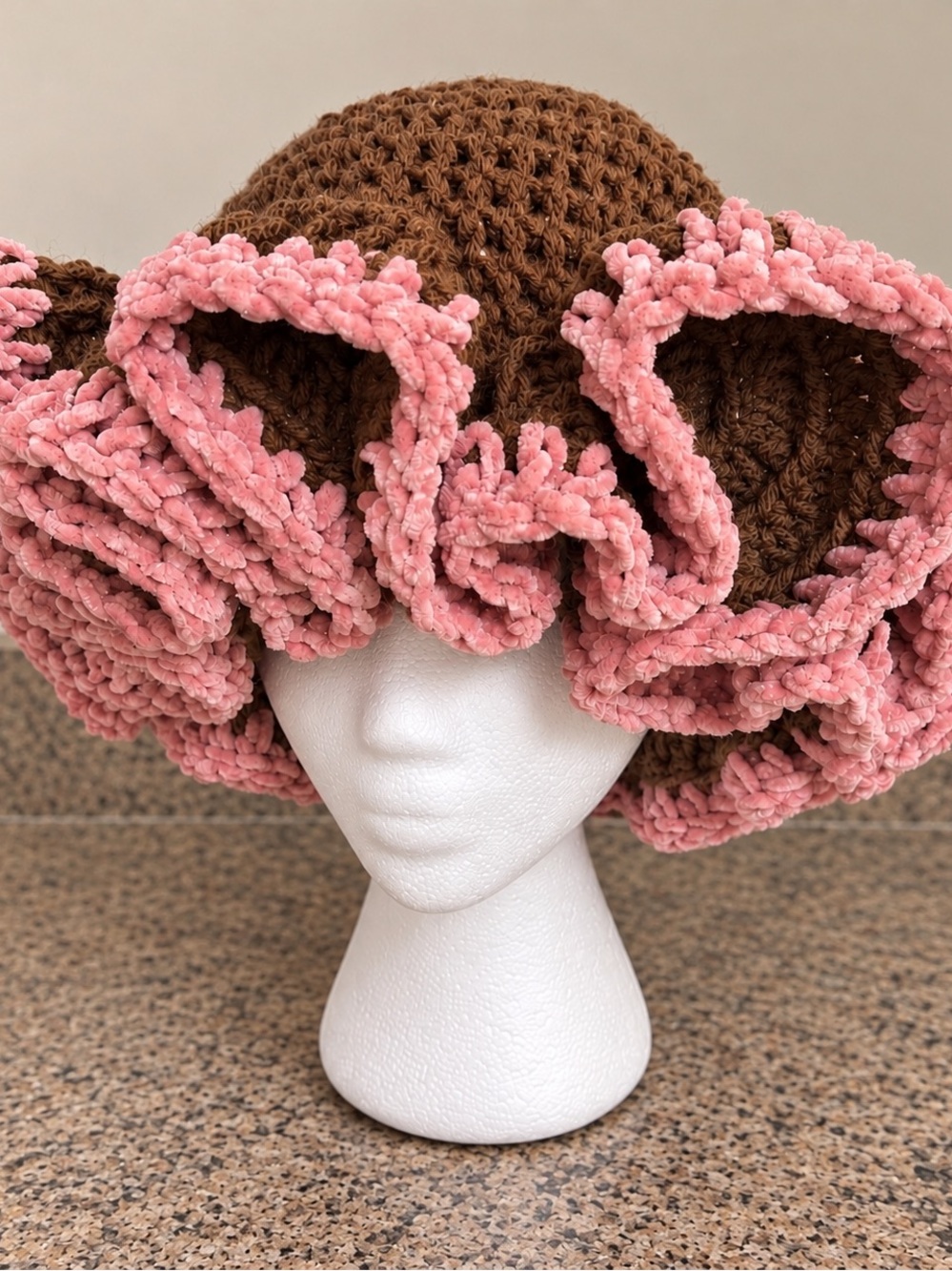 Handmade Brown and Pink Ruffle Crochet Hat